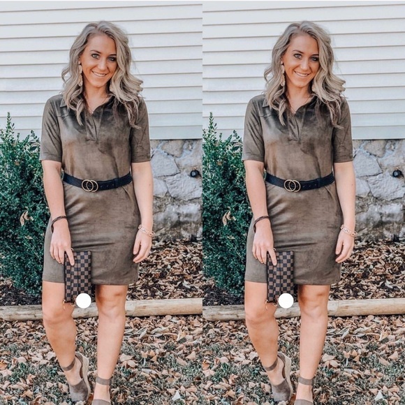Faux Suede Shirt Dress in Olive - Picture 2 of 2